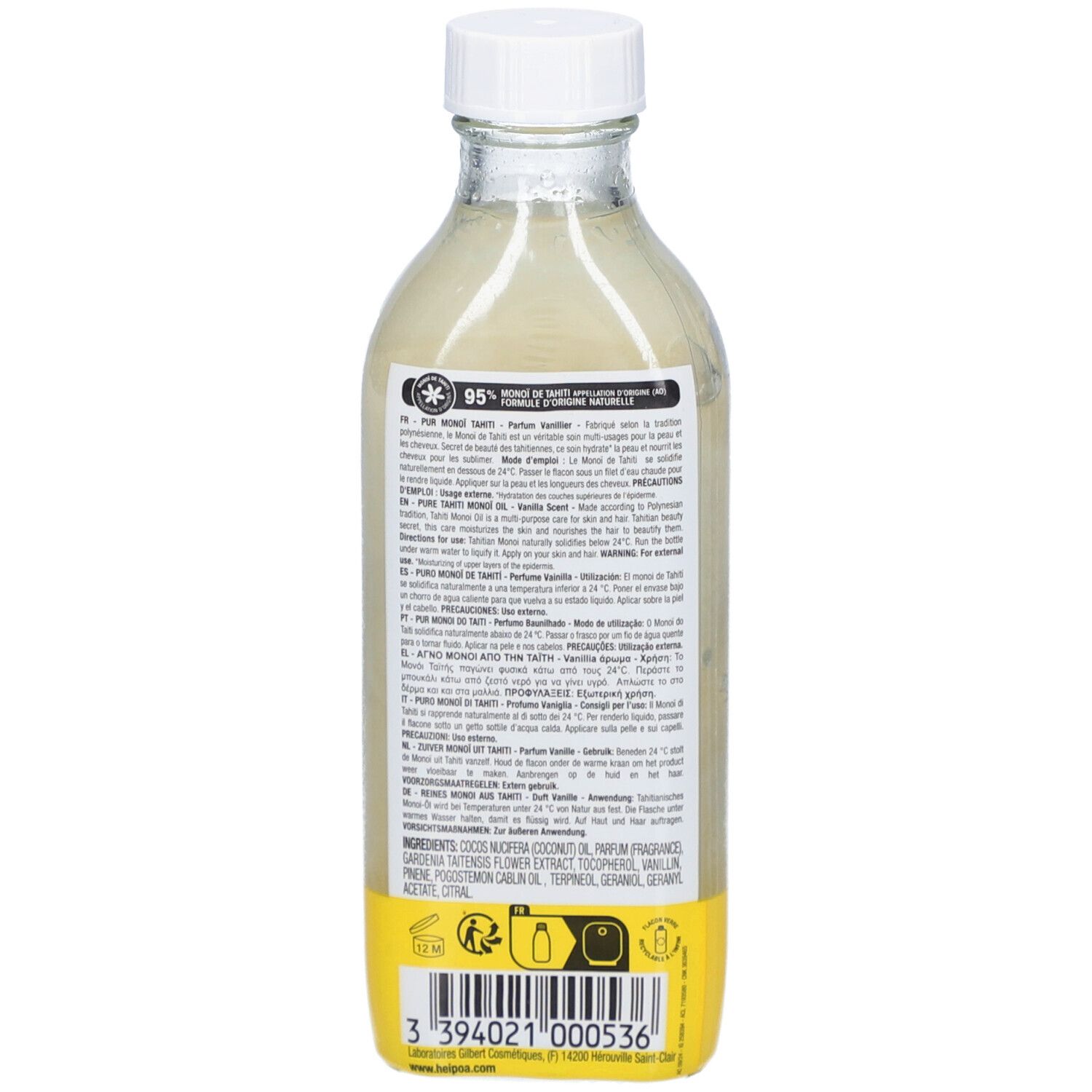 Dos du flacon d'huile HEI POA® Vanille. Étiquette jaune avec texte et logo. Flacon transparent avec bouchon blanc.