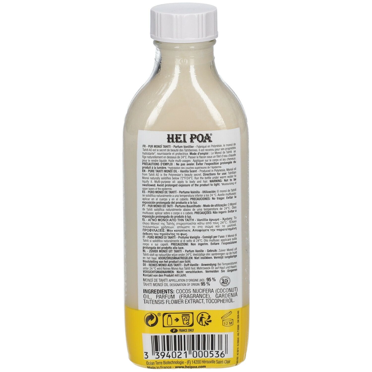 Dos du flacon d'huile HEI POA® Vanille. Étiquette jaune avec texte et logo. Flacon transparent avec bouchon blanc.