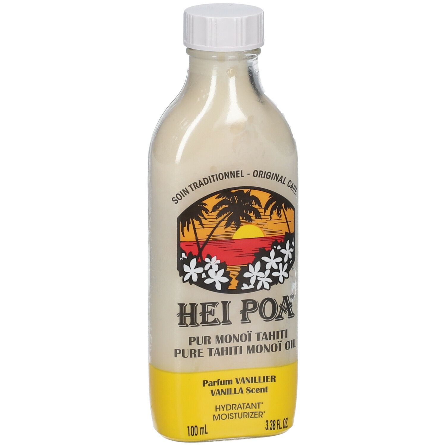 Flacon d'huile HEI POA® Vanille. Étiquette jaune avec logo et texte. Flacon transparent avec bouchon blanc.