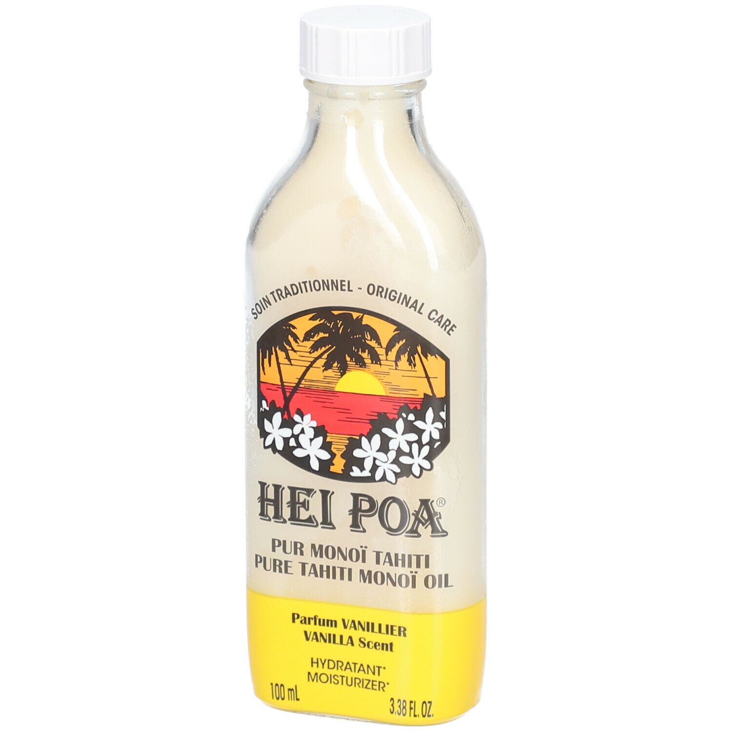 Flacon d'huile HEI POA® Vanille. Étiquette jaune avec logo et texte. Flacon transparent avec bouchon blanc.