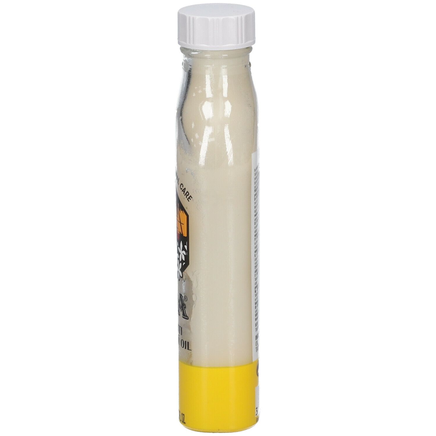 Flacon d'huile HEI POA® Vanille. Étiquette jaune. Flacon transparent avec bouchon blanc. Vue latérale.