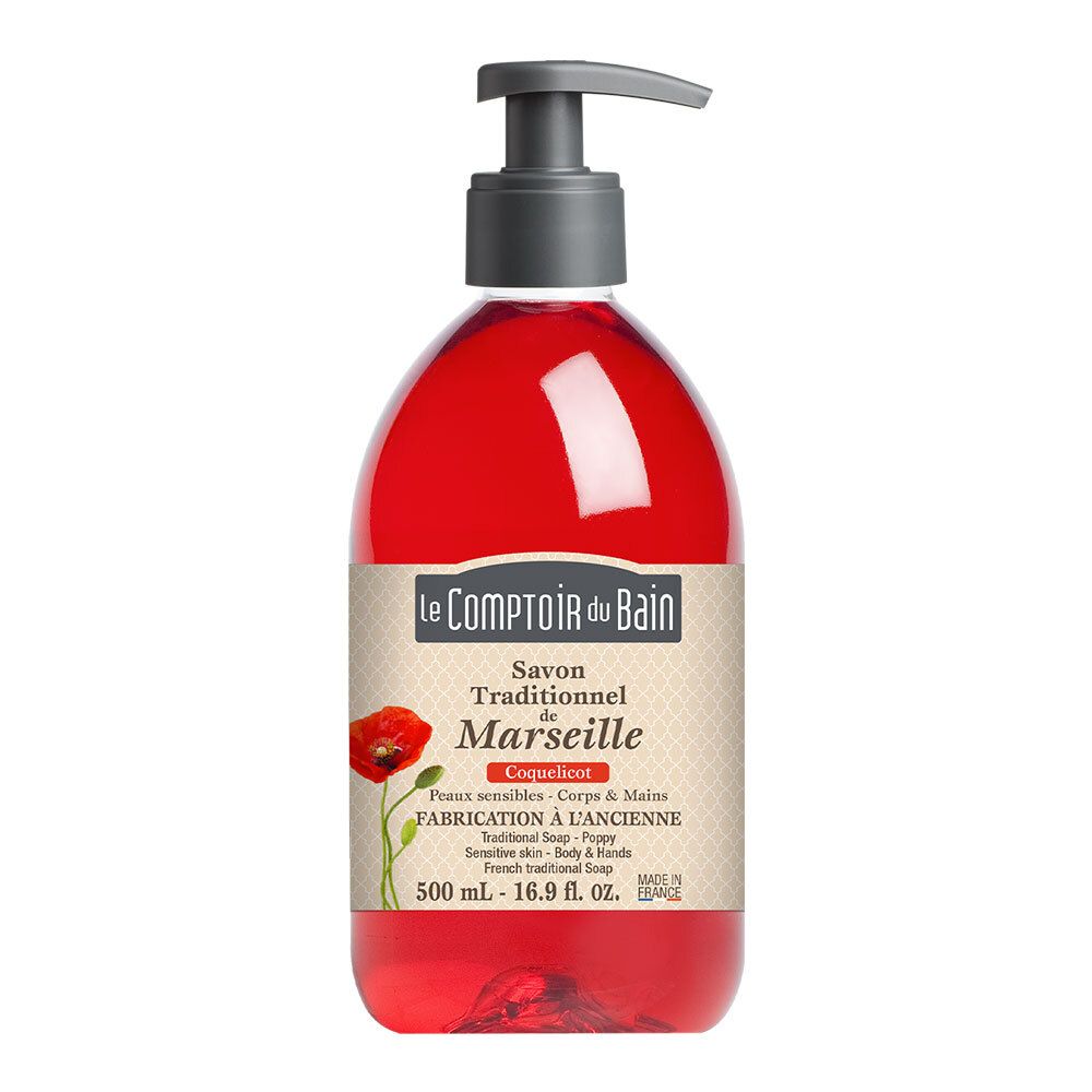 Savon liquide rouge en flacon pompe. Étiquette avec nom du produit, coquelicot et texte. 500 ml.