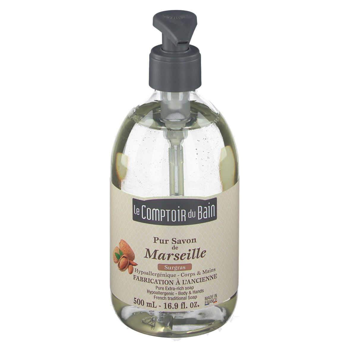 Transparente Seife mit Pumpe. Etikett mit Produktnamen und Inhaltsangaben. 500 ml Flasche.