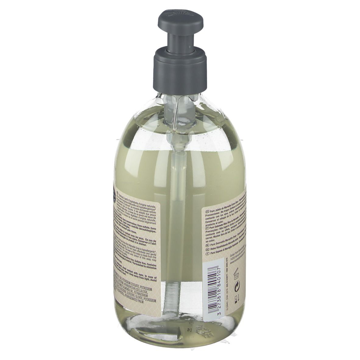 Rückseite einer transparenten Seifenflasche mit Pumpe. Etikett mit Text und Inhaltsangaben. 500 ml.