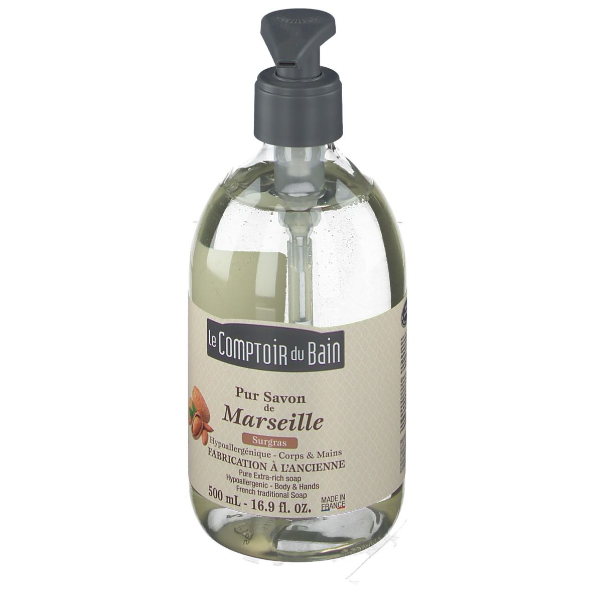Transparente Seife mit Pumpe. Etikett mit Produktnamen und Inhaltsangaben. 500 ml Flasche.