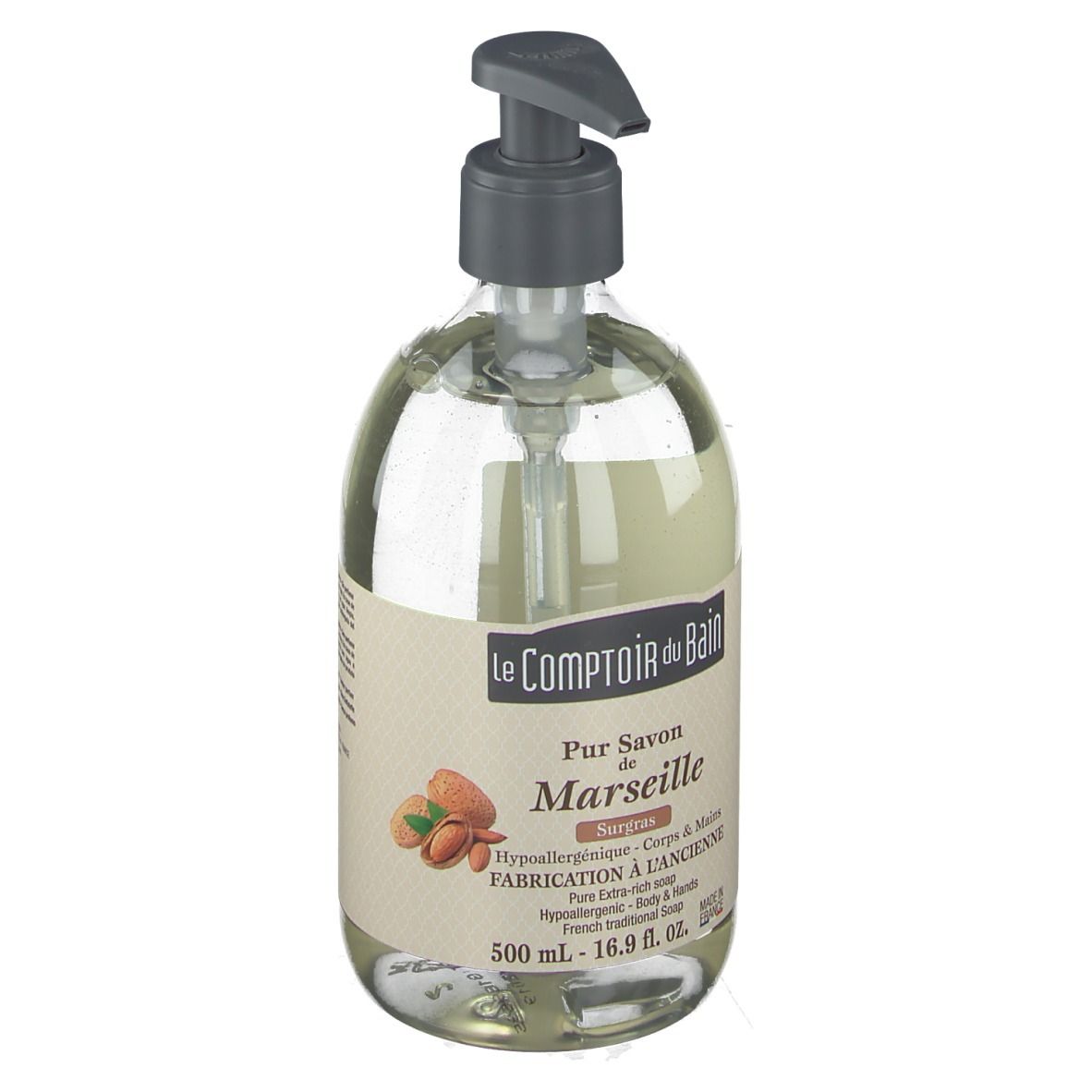 Transparente Seife mit Pumpe. Etikett mit Produktnamen und Inhaltsangaben. 500 ml Flasche.
