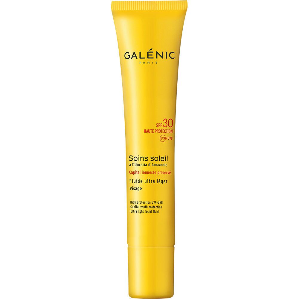 Gelbe Tube mit Produkt. Aufschrift: Galénic, SPF 30, Soins soleil. Flasche mit Schraubverschluss.