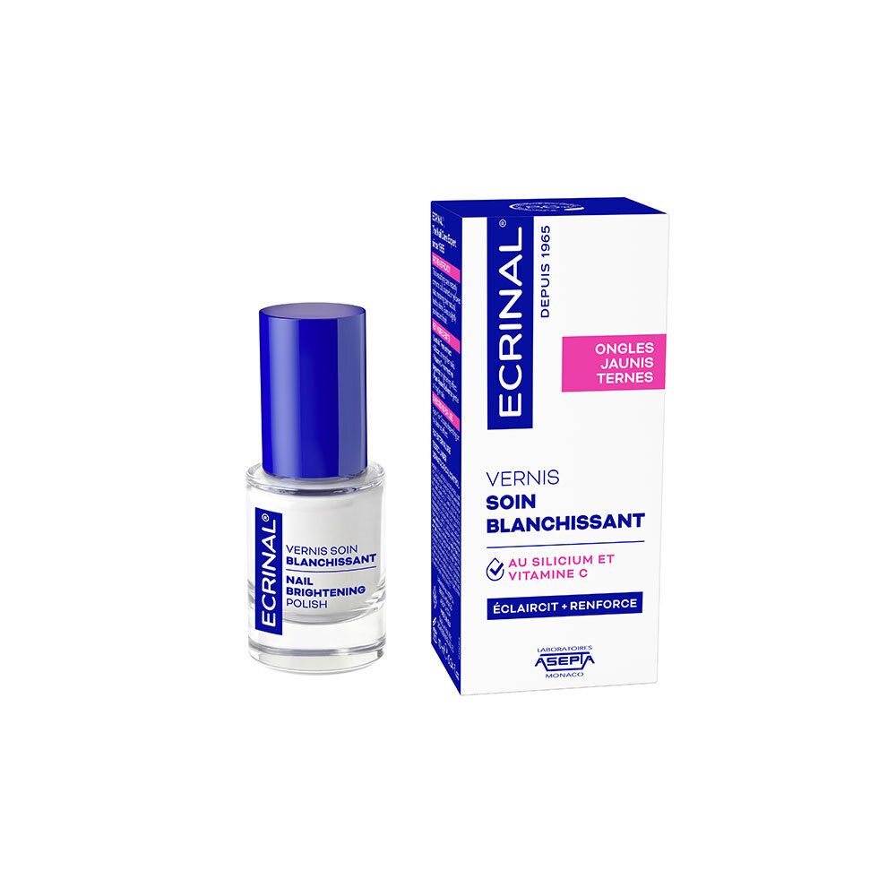 ECRINAL Nagellack Whitening Flasche und Karton. Klare Flasche mit blauem Deckel, weißer Lack.