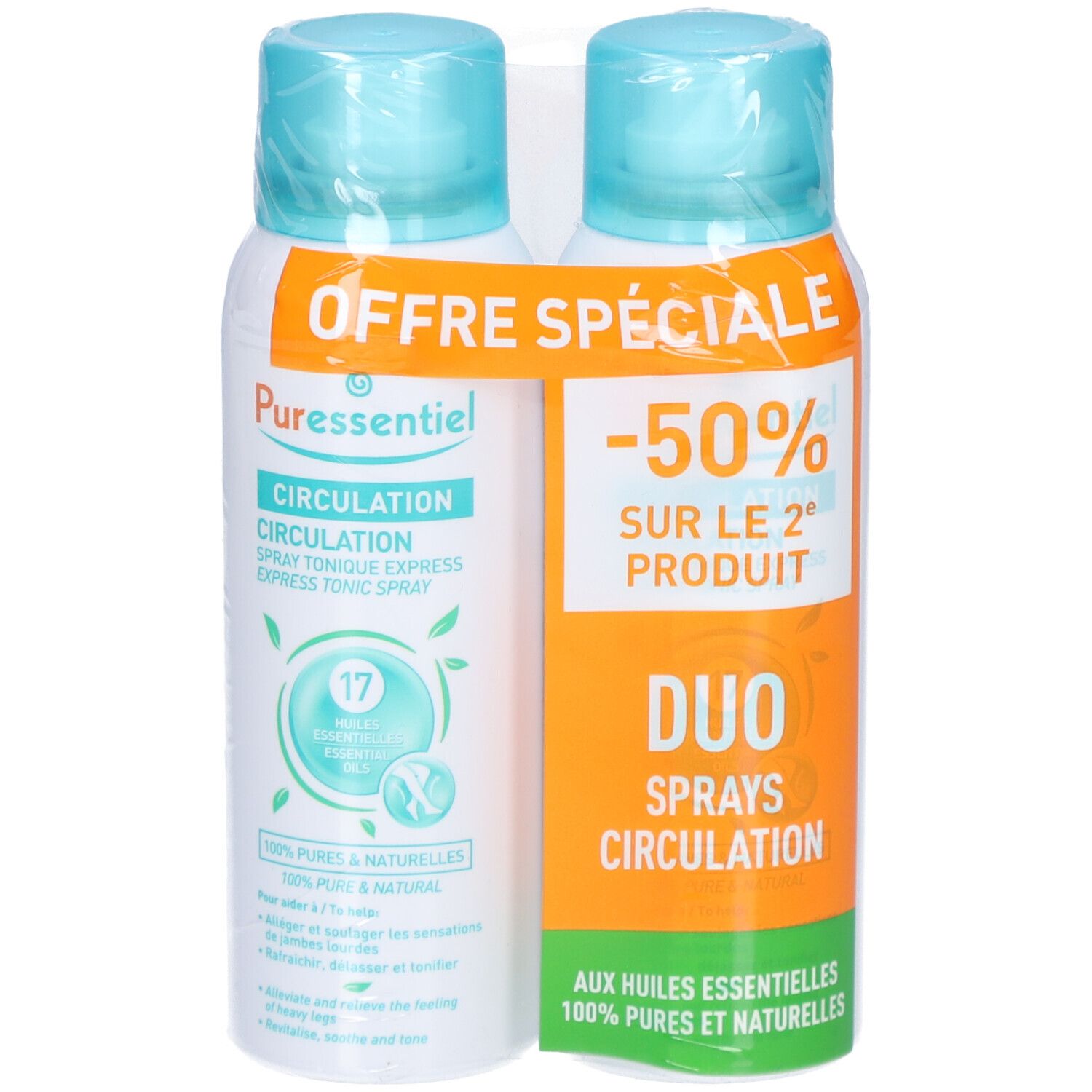Zwei Sprays mit blau-weißem Etikett. Aufschrift: Puressentiel Circulation Spray, 17 ätherische Öle. Sonderangebot: Lot de 2.