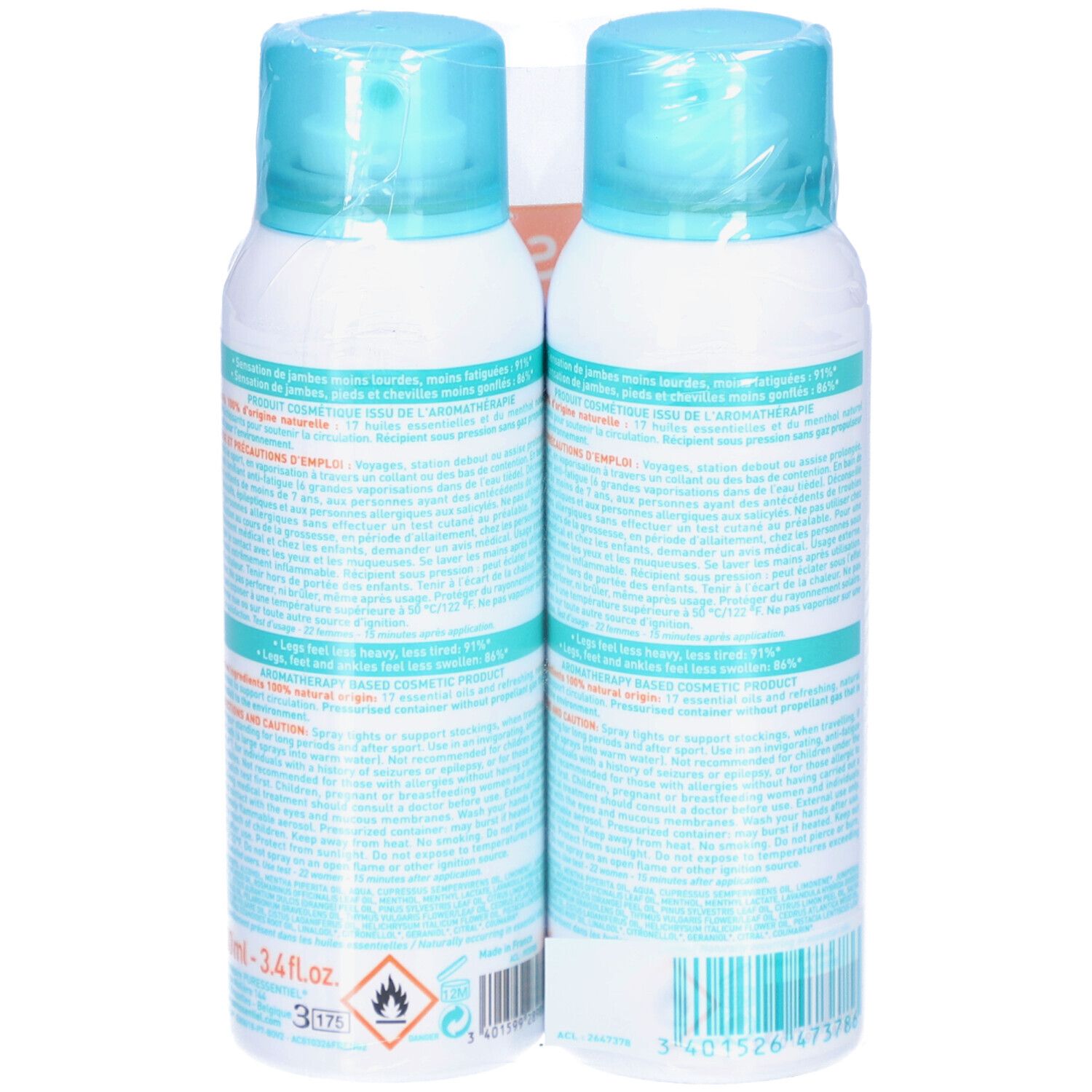 Zwei Sprayflaschen, Rückseite. Aufschrift: Puressentiel Circulation, 17 ätherische Öle. Enthält 100 ml. Warnhinweise.