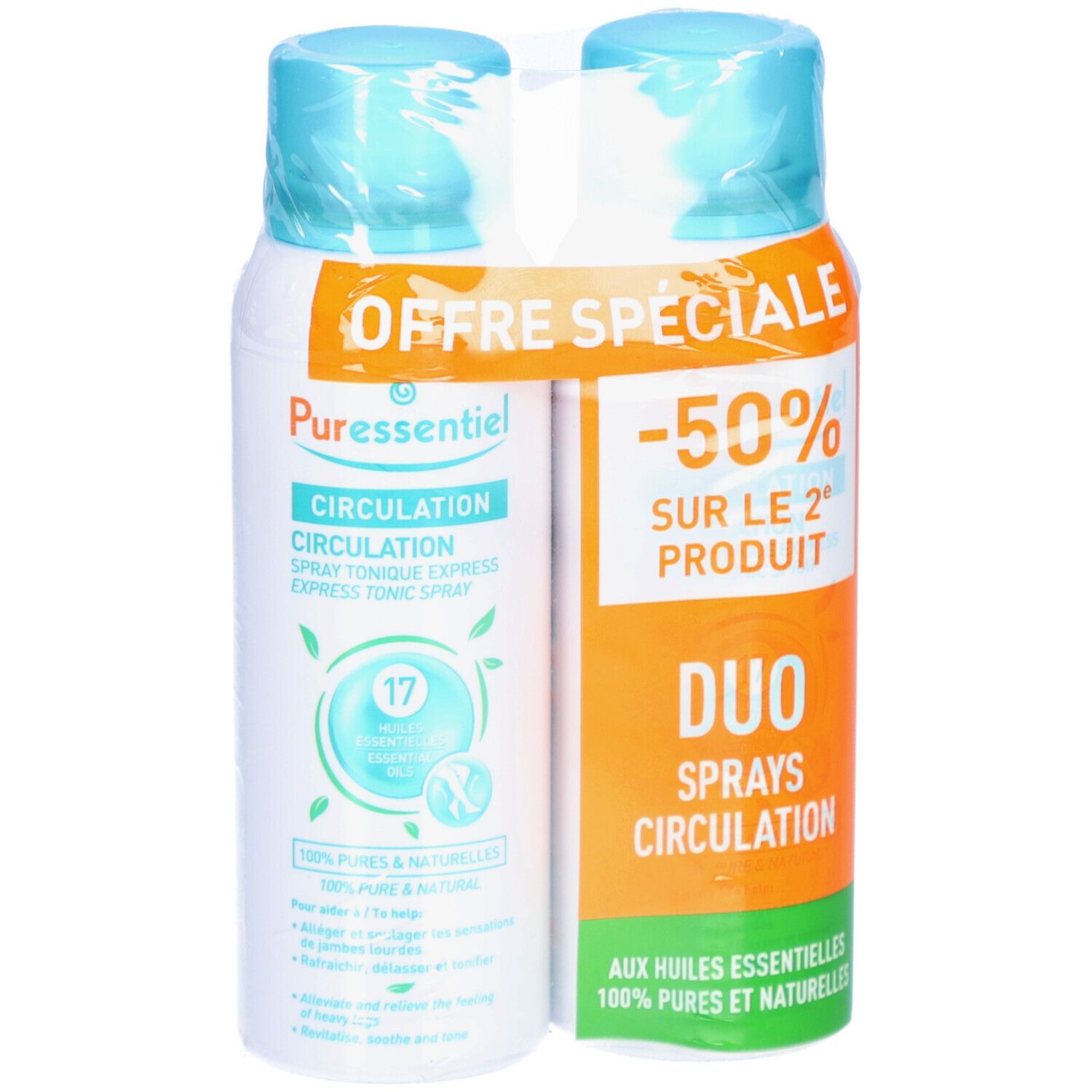 Zwei Sprays in Verpackung. Aufschrift: Puressentiel Circulation, 17 ätherische Öle. Sonderangebot: -50% auf das 2. Produkt.