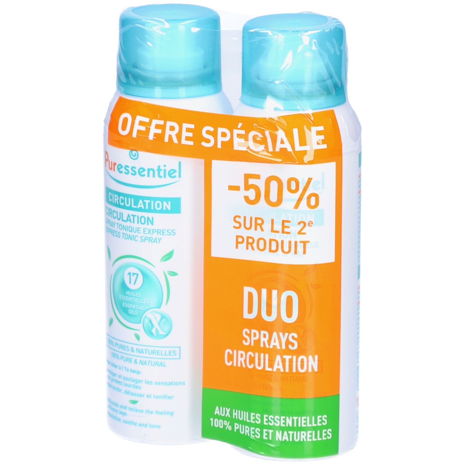 Zwei Sprays mit blau-weißem Etikett. Aufschrift: Puressentiel Circulation Spray, 17 ätherische Öle. Sonderangebot: Lot de 2.