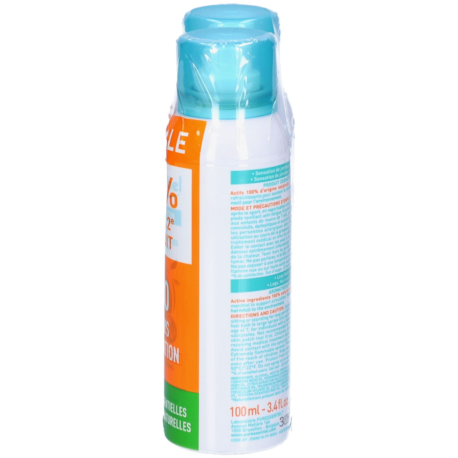 Zwei Sprays in Folie verpackt. Aufschrift: Puressentiel Circulation, 17 ätherische Öle. Enthält 100 ml.