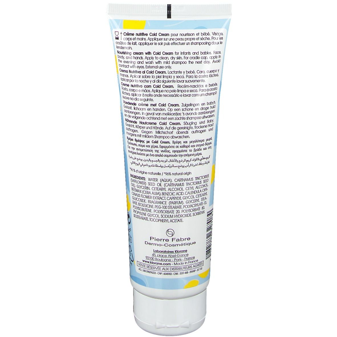 Dos du tube Klorane Bébé Crème Nutritive. Texte: Crème nutritive Cold Cream, ingrédients, Pierre Fabre.