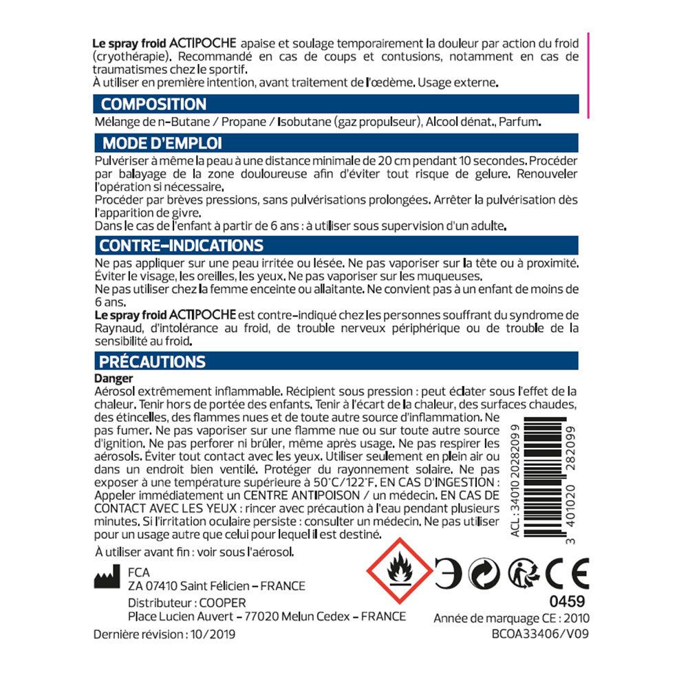 Arrière d'un aérosol Actipoche Spray Froid avec instructions et symboles de danger.
