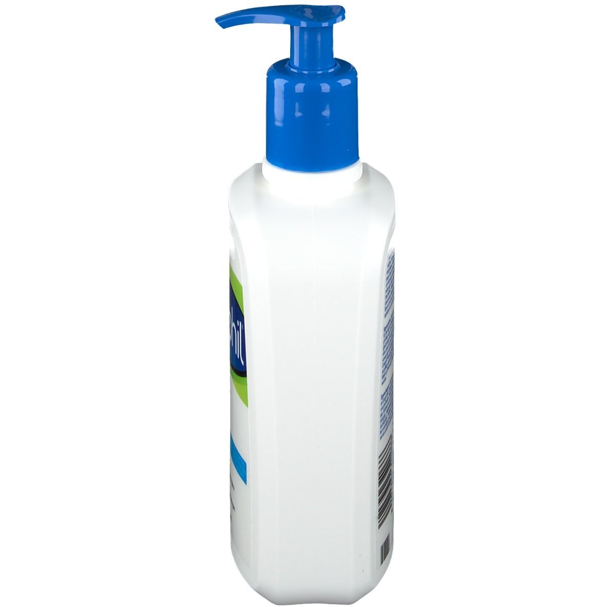 Weiße Flasche mit blauem Pumpkopf. Seitenansicht. Etikett mit Text in Deutsch, Französisch und Niederländisch.