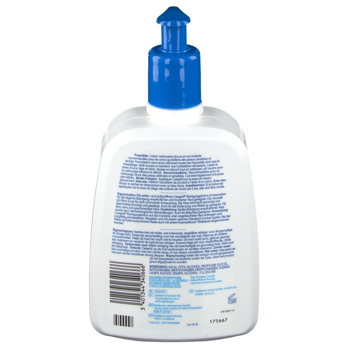 Rückseite einer weißen Flasche mit blauem Pumpkopf. Text in mehreren Sprachen, darunter Deutsch und Französisch.
