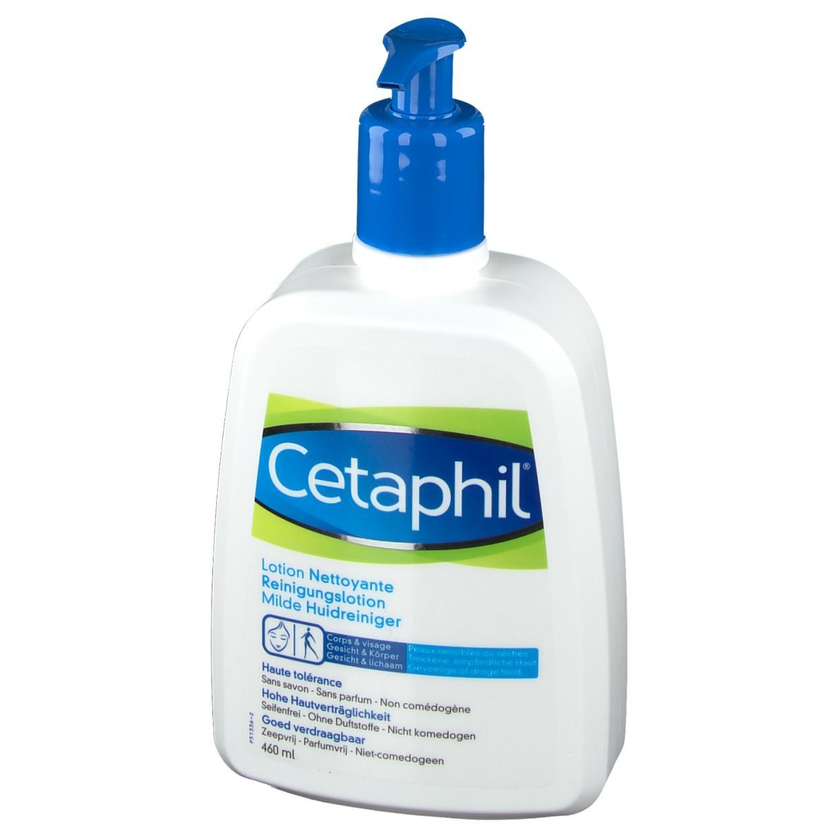 Weiße Flasche mit blauem Pumpkopf. Aufschrift Cetaphil. Text in Deutsch, Französisch und Niederländisch.