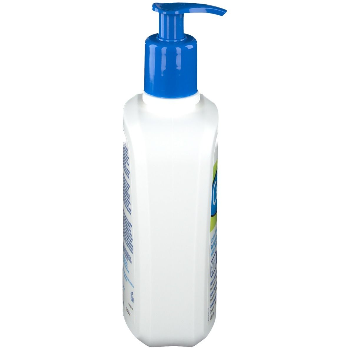 Weiße Flasche mit blauem Pumpkopf. Seitenansicht. Etikett mit Text in Deutsch, Französisch und Niederländisch.