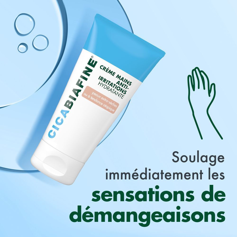 CicaBiafine® Handcreme-Tube. Text: Crème Mains Anti-Irritations Hydratante. Lindert sofort Juckreiz. Hand-Umriss.