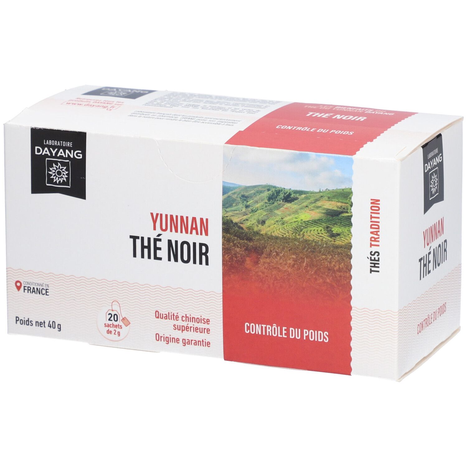 Weißer Karton mit rotem Akzent. Aufschrift: YUNNAN THÉ NOIR, CONTROLE DU POIDS. Marke: DAYANG. 20 Teebeutel, 40g.