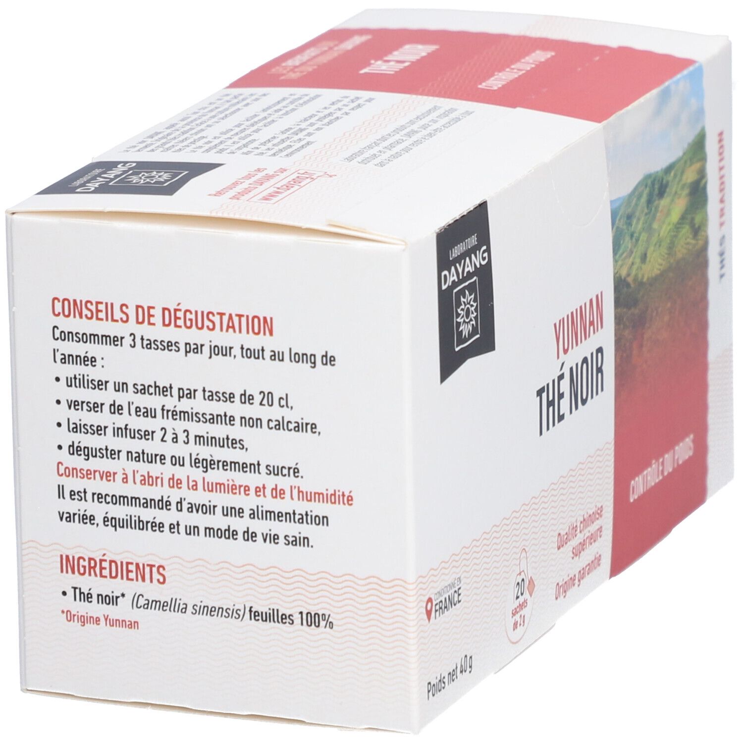 Karton mit rotem Akzent. Aufschrift: YUNNAN THÉ NOIR. Marke: DAYANG. Rückseite mit Verzehrempfehlungen und Zutatenliste. 20 Teebeutel, 40g.