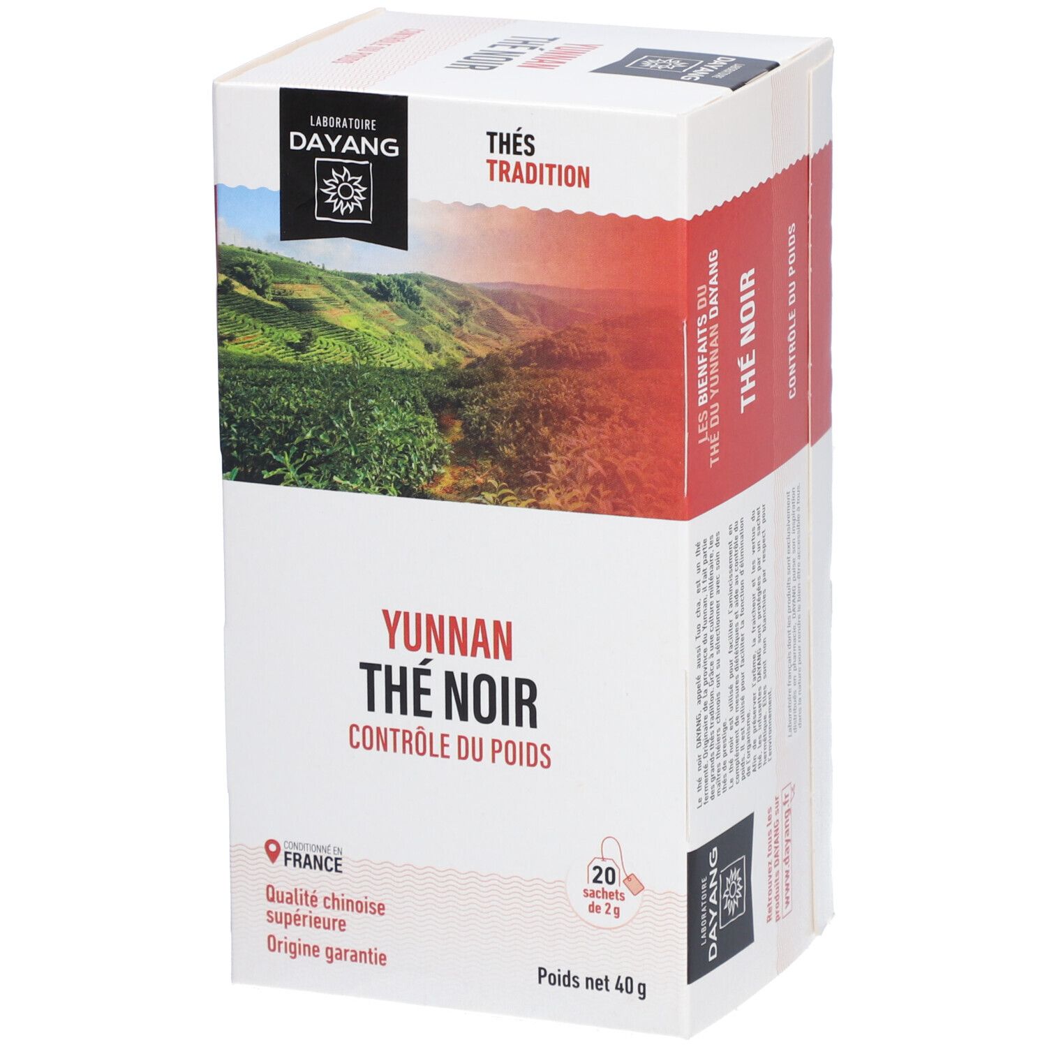 Weißer Karton mit rotem Akzent. Aufschrift: YUNNAN THÉ NOIR, CONTROLE DU POIDS. Marke: DAYANG. 20 Teebeutel, 40g.