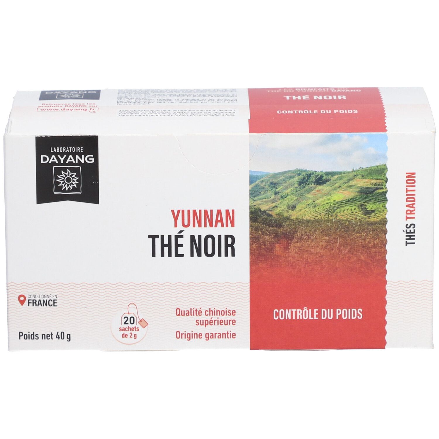 Weißer Karton mit rotem Akzent. Aufschrift: YUNNAN THÉ NOIR, CONTROLE DU POIDS. Marke: DAYANG. 20 Teebeutel, 40g.