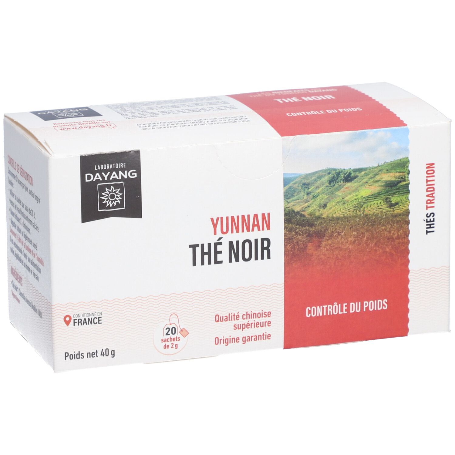 Weißer Karton mit rotem Akzent. Aufschrift: YUNNAN THÉ NOIR, CONTROLE DU POIDS. Marke: DAYANG. 20 Teebeutel, 40g.
