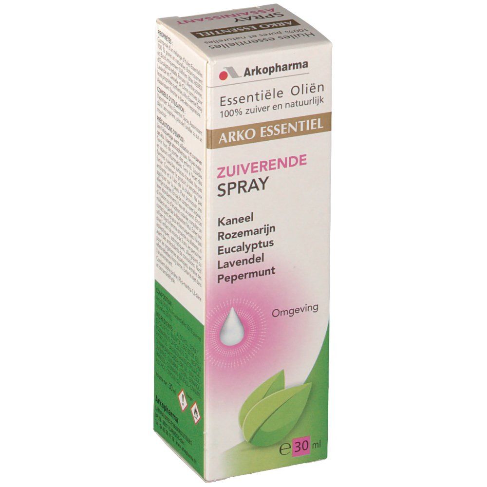 Boîte en carton. Logo "Arko Essentiel Zuiverende Spray". Ingrédients et instructions d'utilisation. Éléments verts et roses.