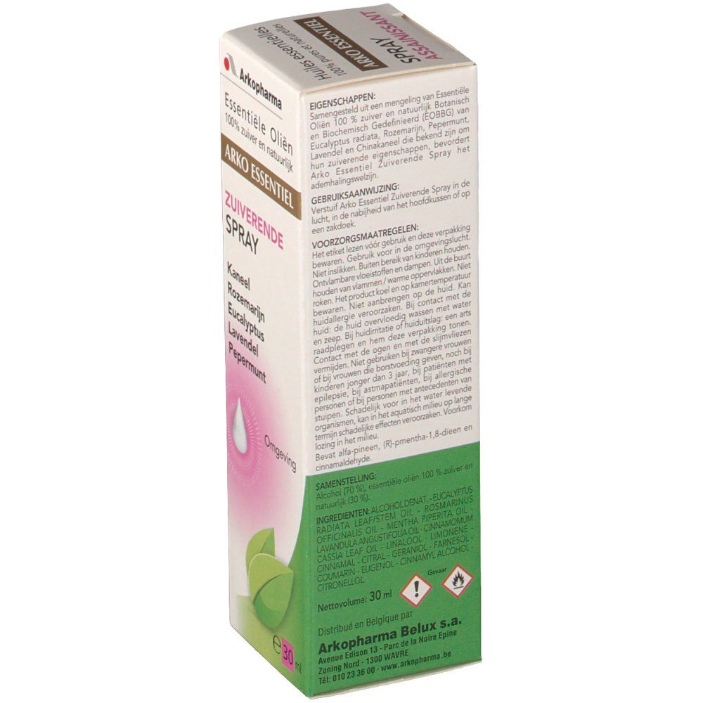 Boîte en carton. Logo "Arko Essentiel Zuiverende Spray". Ingrédients et instructions d'utilisation. Éléments verts et roses.