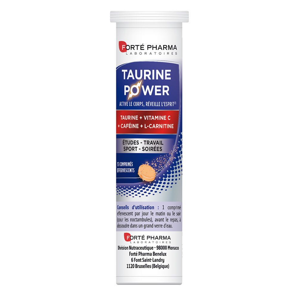 Tube de "Taurine Power" de Forté Pharma. Contient des comprimés effervescents. Inscriptions : Taurine, Vitamine C, Caféine.