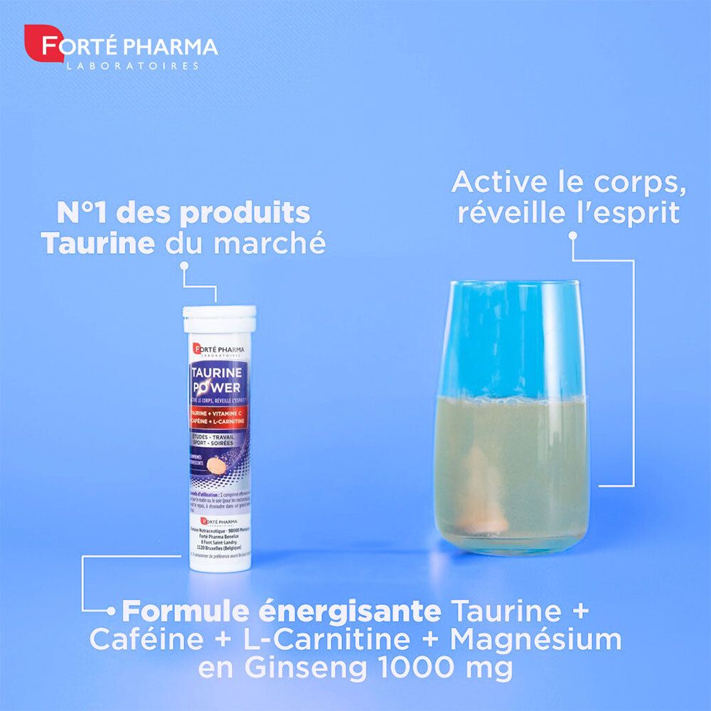 Tube "Taurine Power" et verre avec liquide. Marque : Forté Pharma. Inscriptions : Taurine, Caféine, L-Carnitine.