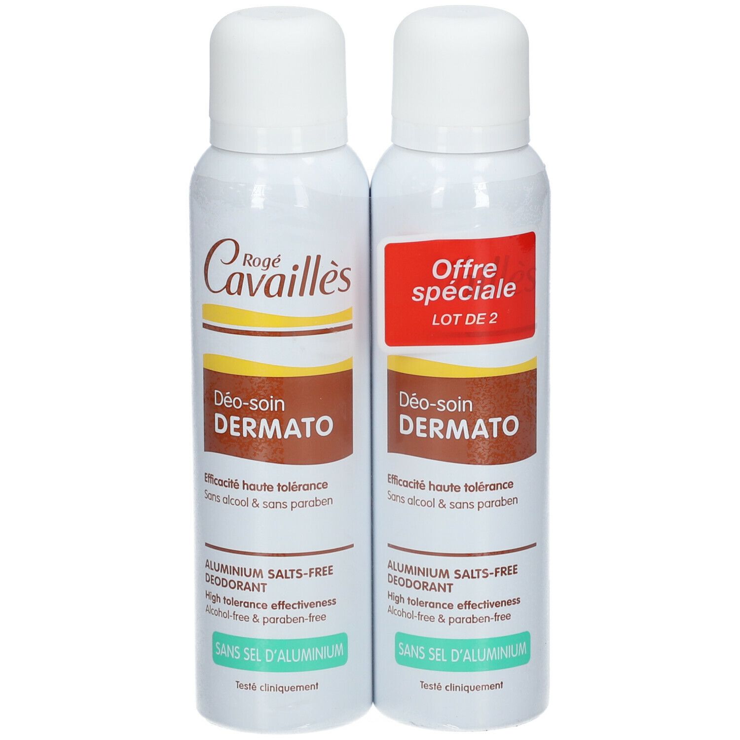 Deux déodorants en spray. Tête blanche, texte marron. Texte: Déo-soin Dermato, sans alcool & sans paraben, sans sel d'aluminium.