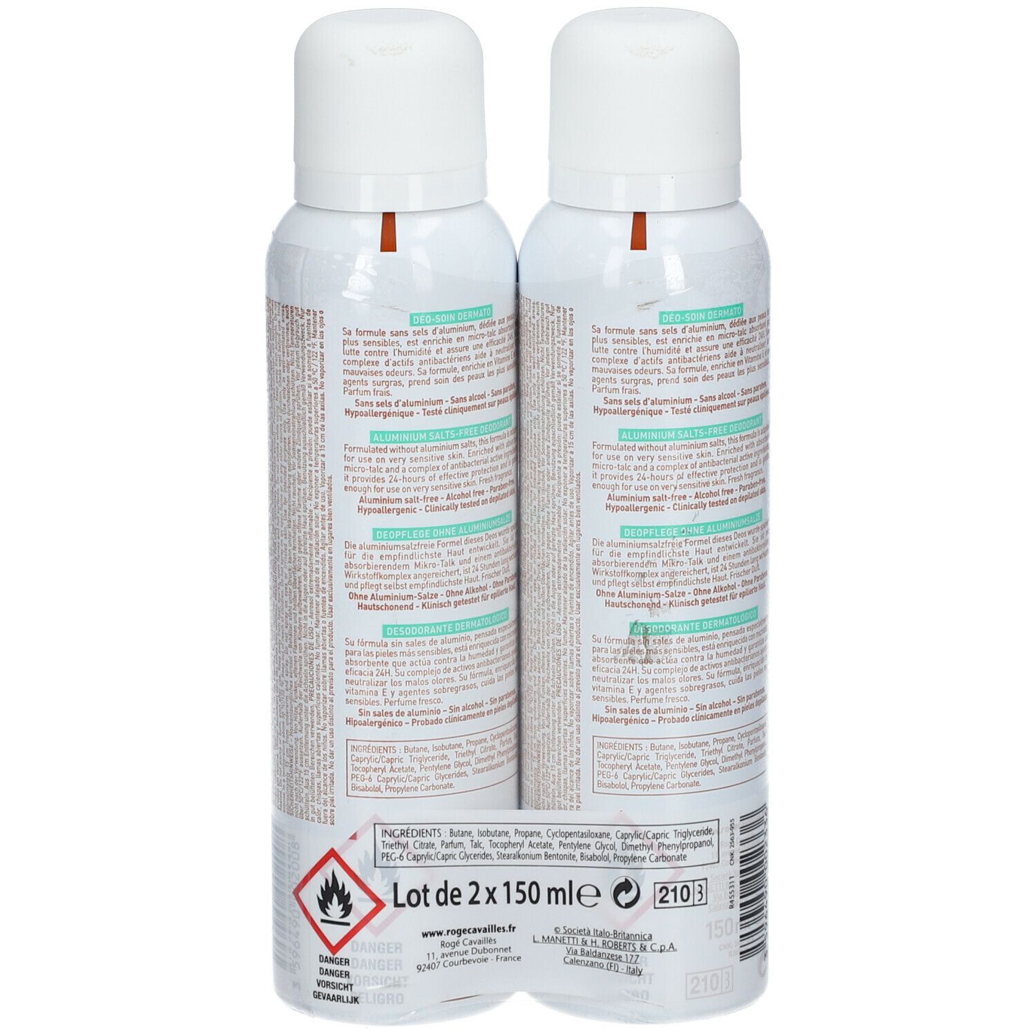 Deux déodorants en spray, vue arrière. Texte: Ingrédients, Lot de 2 x 150 ml, avertissement. Autocollant avec informations produit.