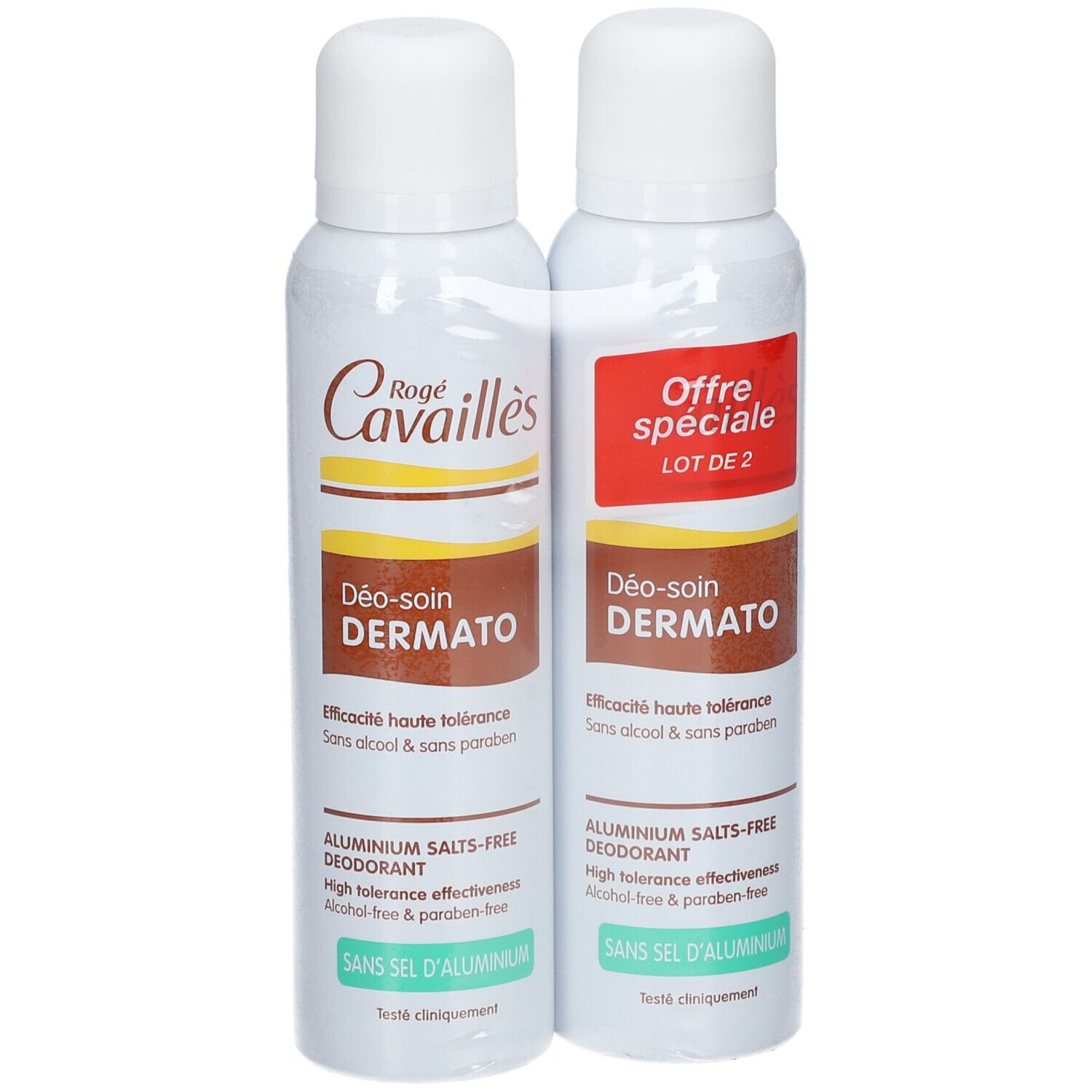 Deux déodorants en spray. Tête blanche, texte marron. Texte: Déo-soin Dermato, sans alcool & sans paraben, sans sel d'aluminium.