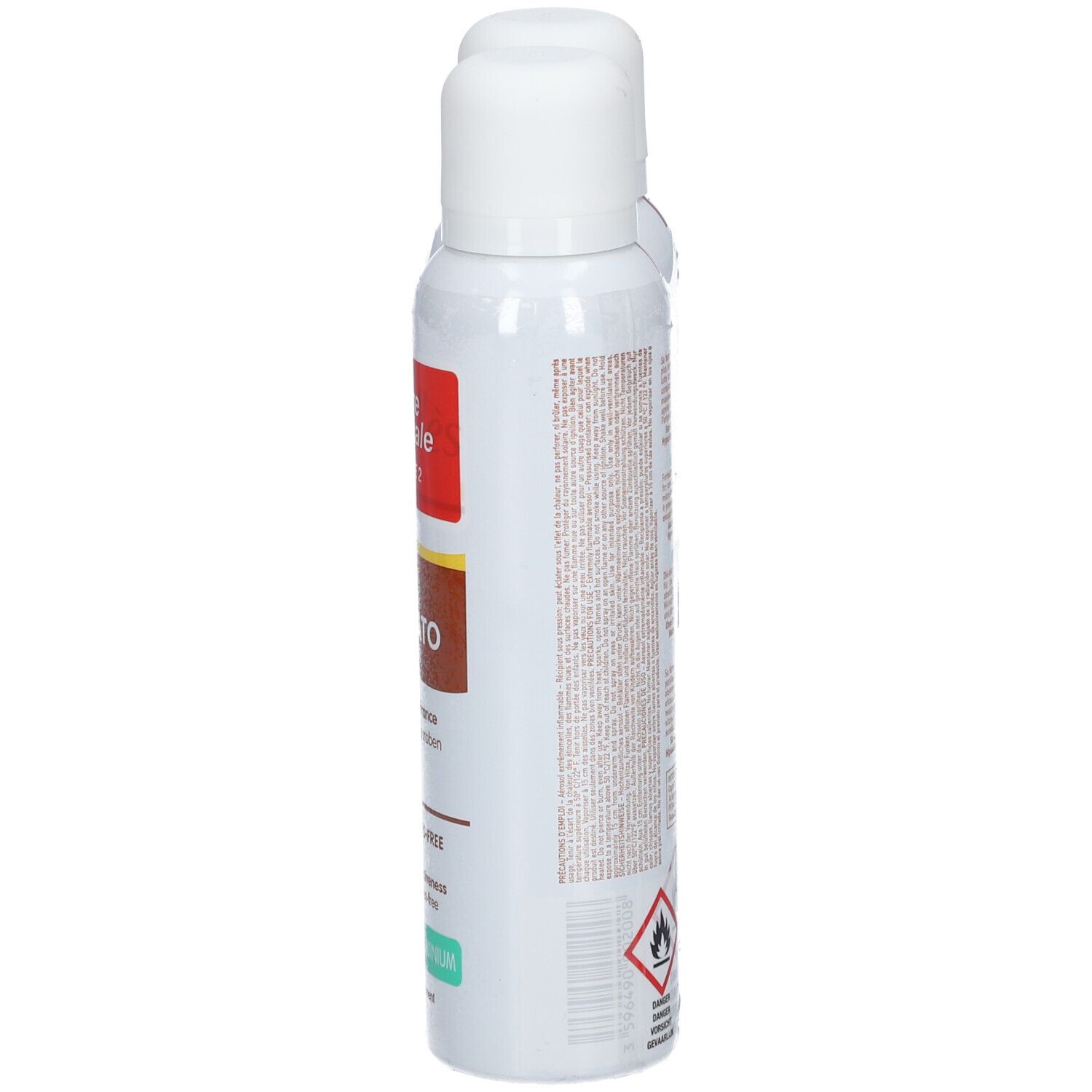 Déodorant en spray, vue latérale. Tête blanche, textes marron et vert. Texte: Déo-soin Dermato, sans alcool & sans paraben.