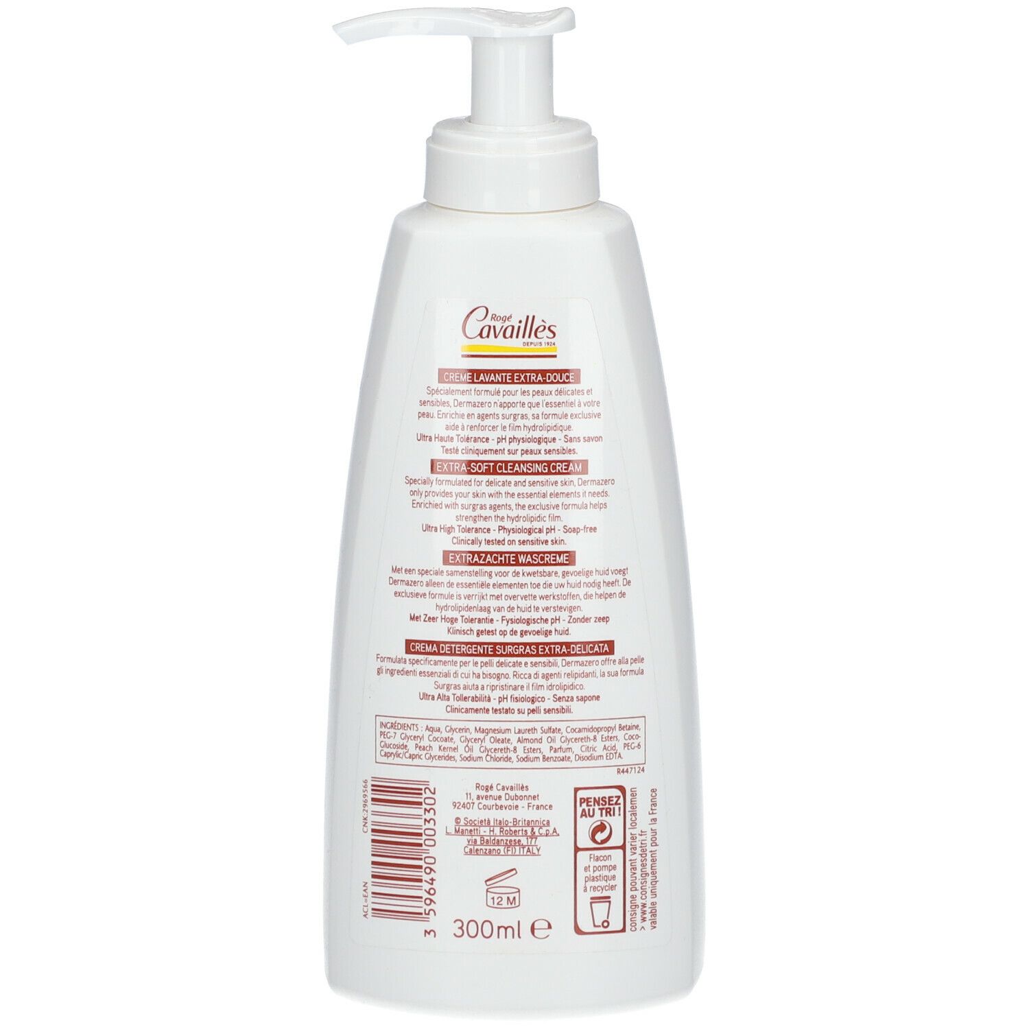 Weiße Flasche mit Pumpverschluss. Aufschrift in mehreren Sprachen. 300ml.