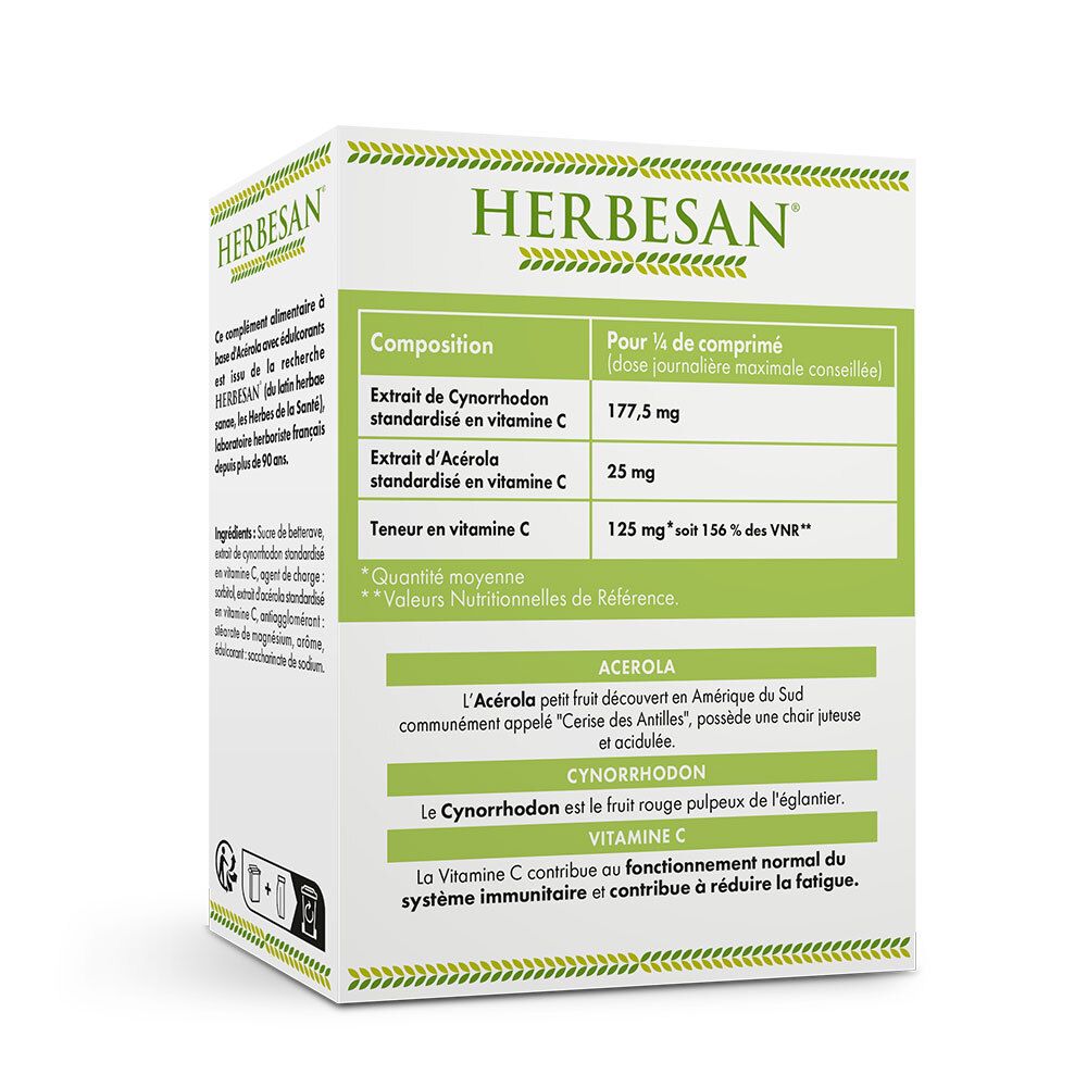 Rückseite der HERBESAN Acerola Premium Verpackung mit Nährwertangaben und Inhaltsstoffen.