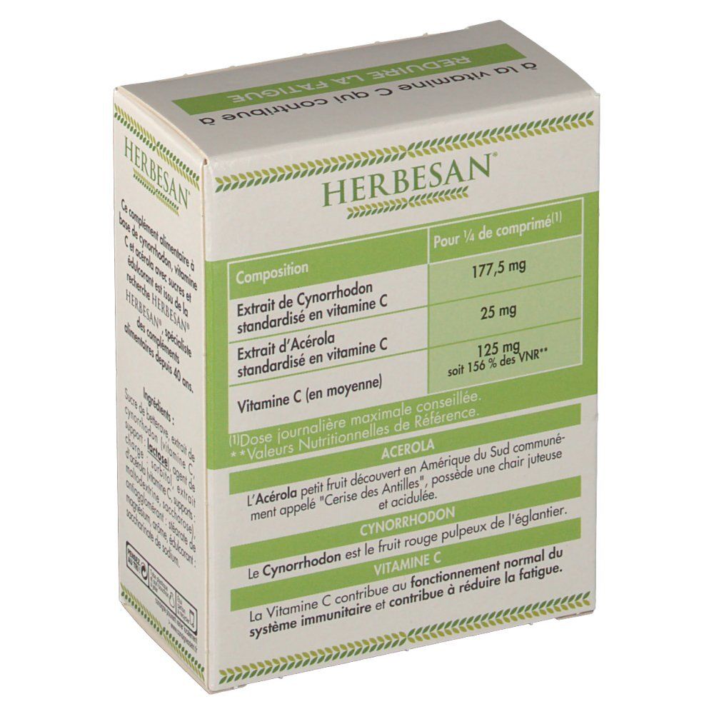 Rückseite der HERBESAN Acerola Premium Verpackung mit Nährwertangaben und Inhaltsstoffen.