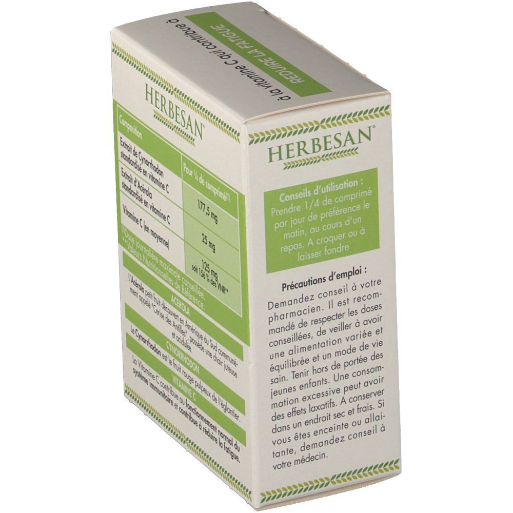 Seitenansicht der HERBESAN Acerola Premium Verpackung mit Anwendungshinweisen und Vorsichtsmaßnahmen.