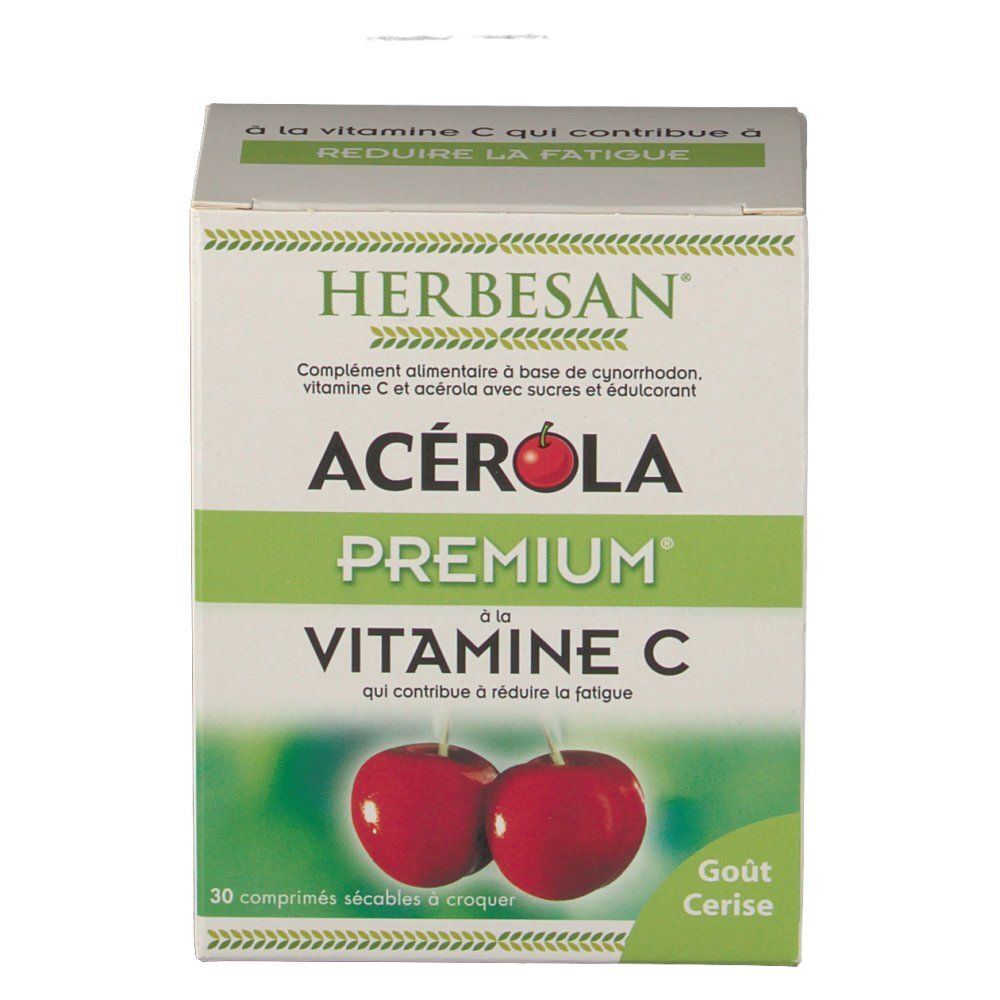 Verpackung von HERBESAN Acerola Premium, 30 Kautabletten, mit Acerola und Vitamin C.