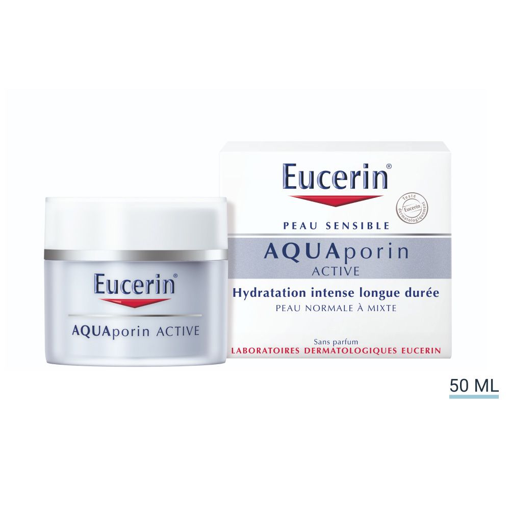 Pot et emballage de crème Eucerin AQUAporin ACTIVE. Pour peaux sensibles. 50 ml.