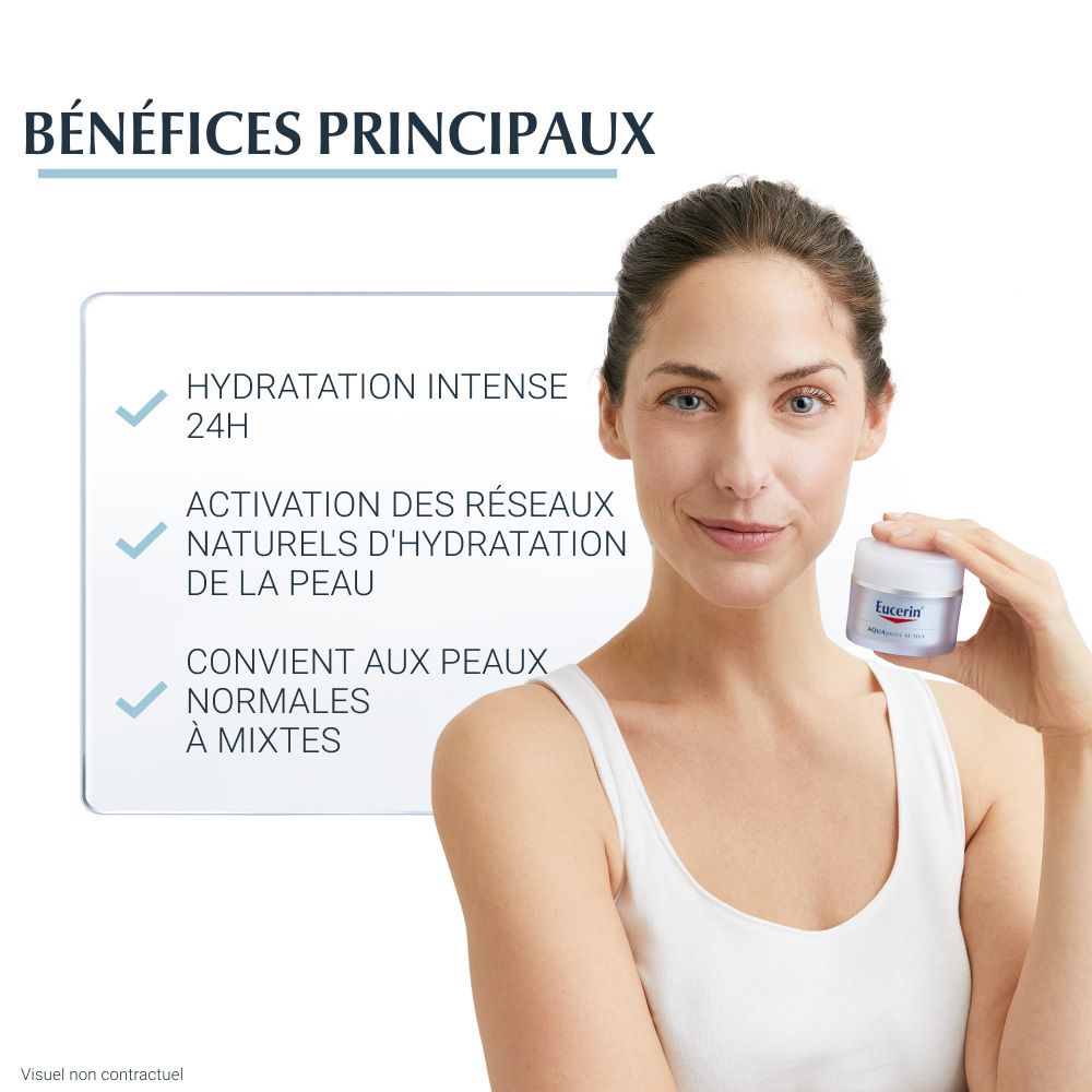 Femme tenant un pot de crème. Avantages: hydratation 24h, activation de l'hydratation, peaux normales à mixtes.