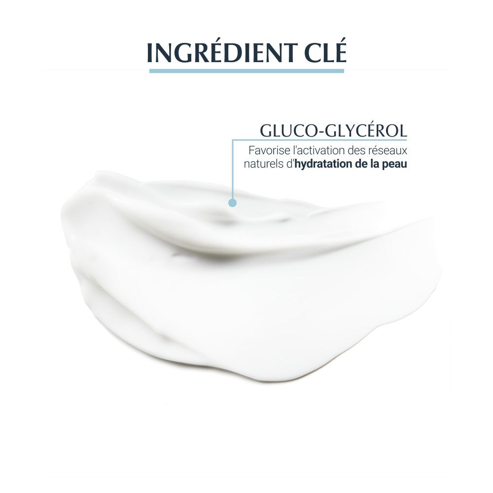 Texture de crème. Ingrédient clé: Gluco-Glycérol. Favorise l'hydratation naturelle de la peau.