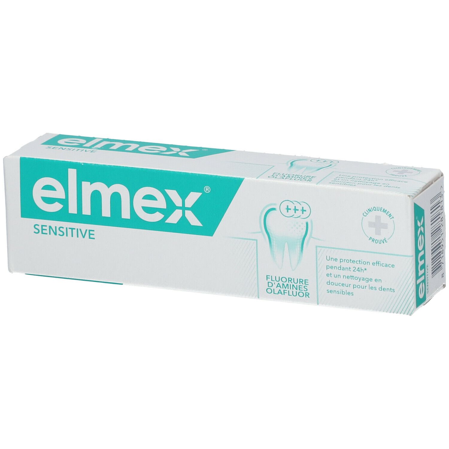 Boîte de dentifrice blanche avec logo et texte 'elmex sensitive' en vert.