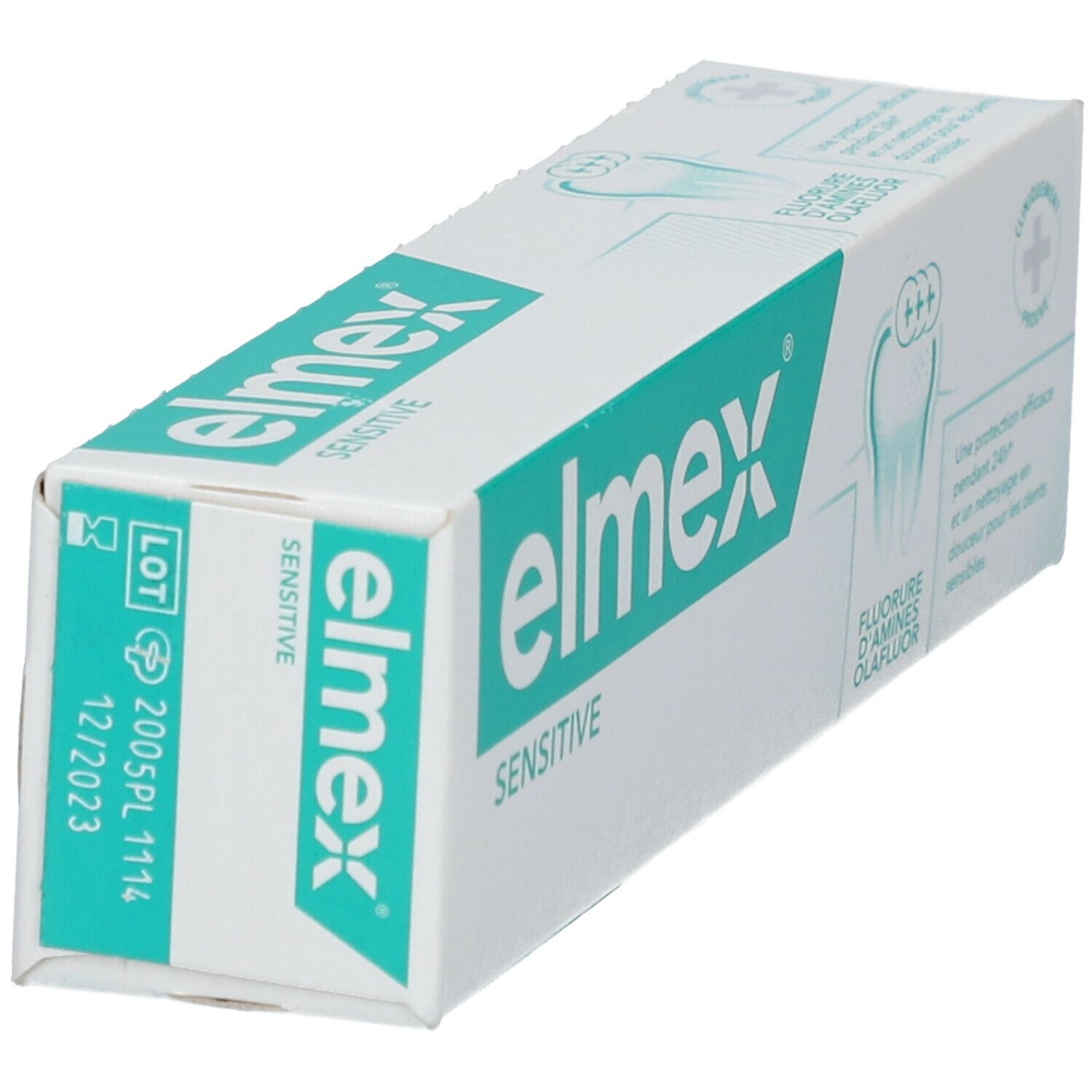 Boîte de dentifrice blanche avec logo et texte 'elmex sensitive' en vert.