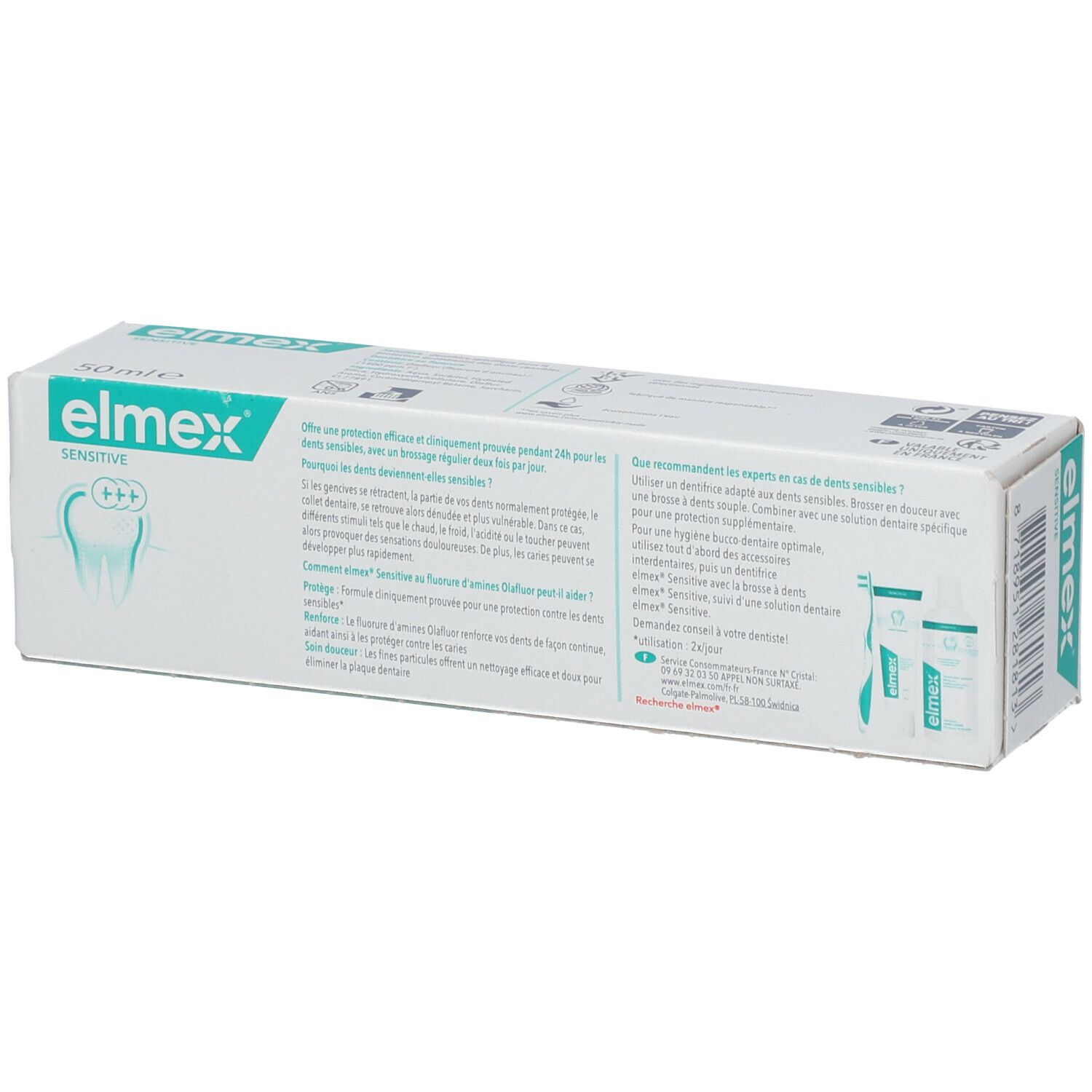 Dos de la boîte de dentifrice avec texte et illustrations. Texte 'elmex sensitive'.