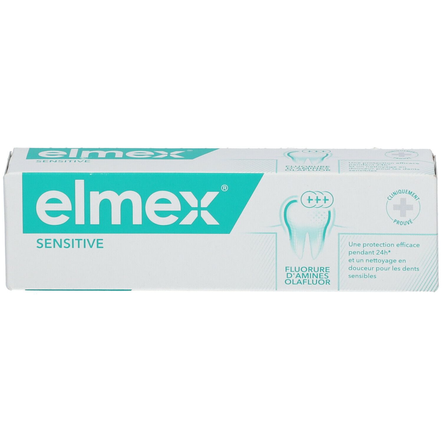 Boîte de dentifrice blanche avec logo et texte 'elmex sensitive' en vert.