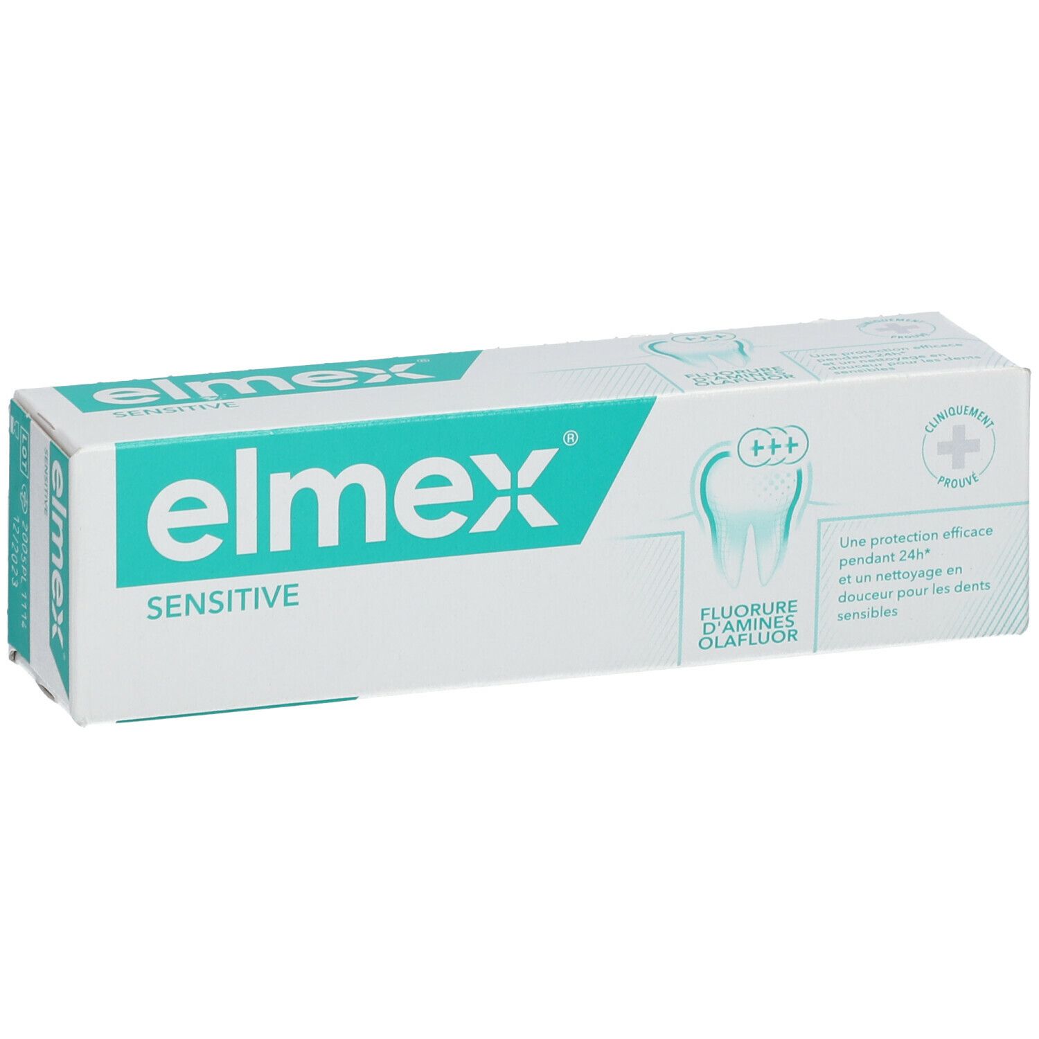 Boîte de dentifrice blanche avec logo et texte 'elmex sensitive' en vert.